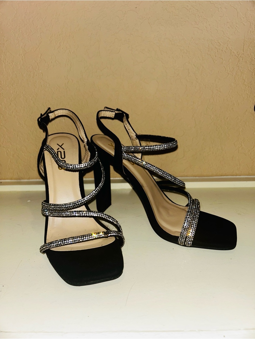 X2B Black Strappy Rhinestone Block Heels